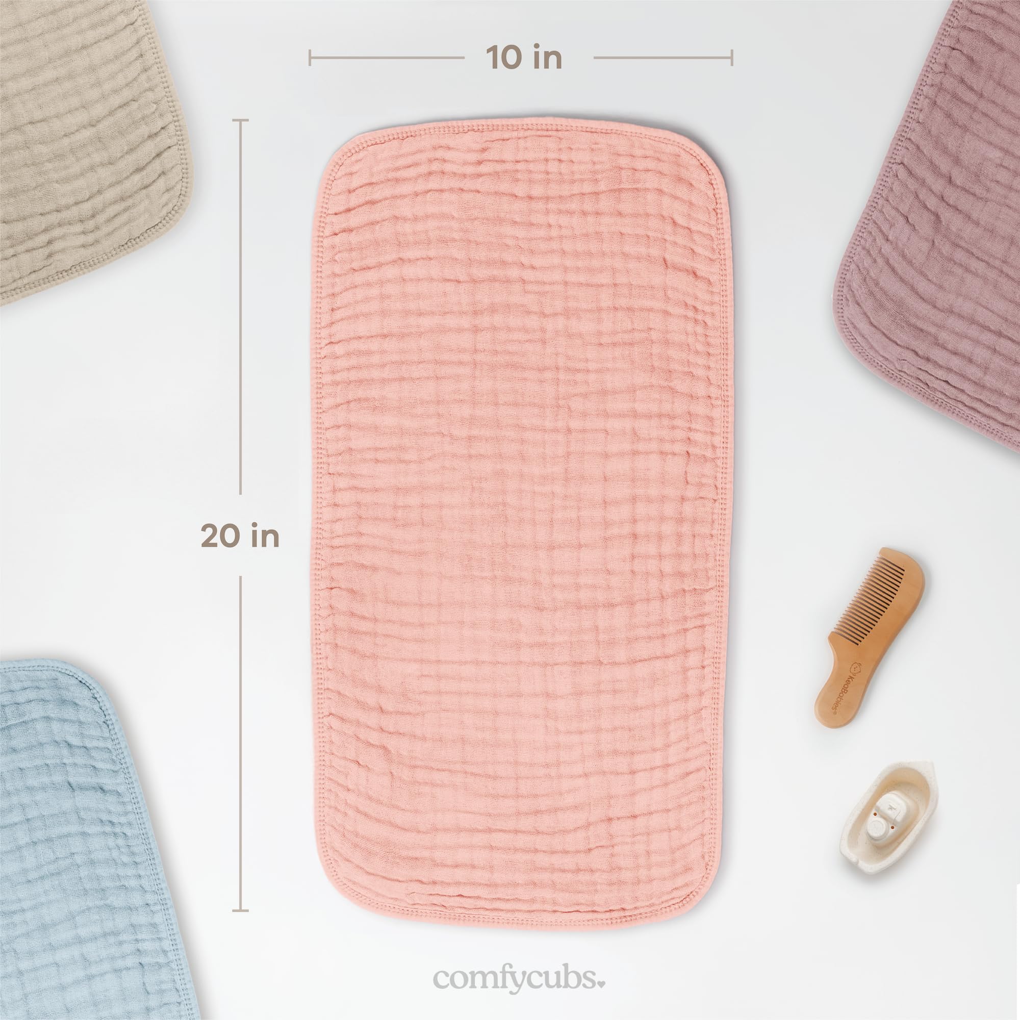 Comfy Cubs burp cloths laid flat to show large 20x10 inch size.