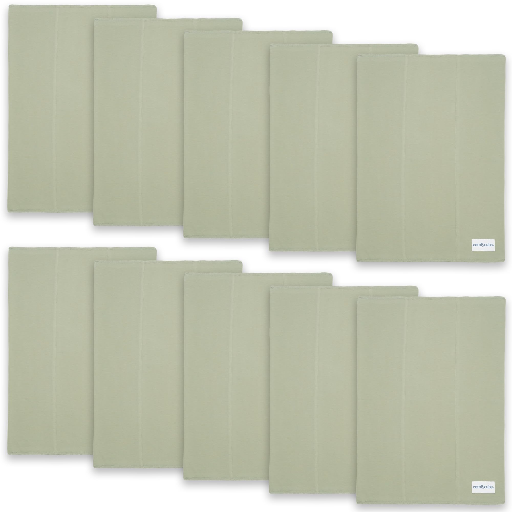 Comfy Cubs burp cloths pack-10 folded sage fabric for quick on-the-go protection.