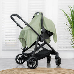 Comfy Cubs car seat cover sage design universal fit protects from sun and bugs.