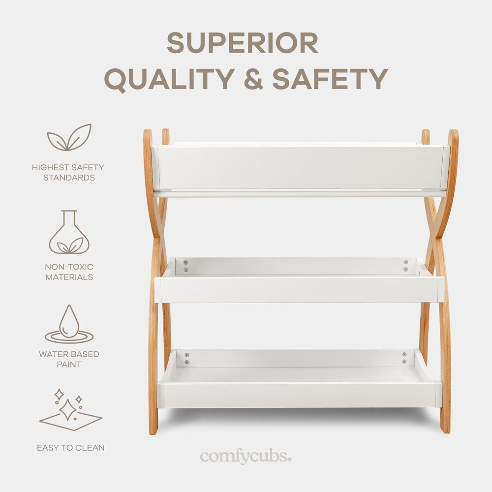 Comfy Cubs changing table white with natural legs demonstrates timeless nursery style.