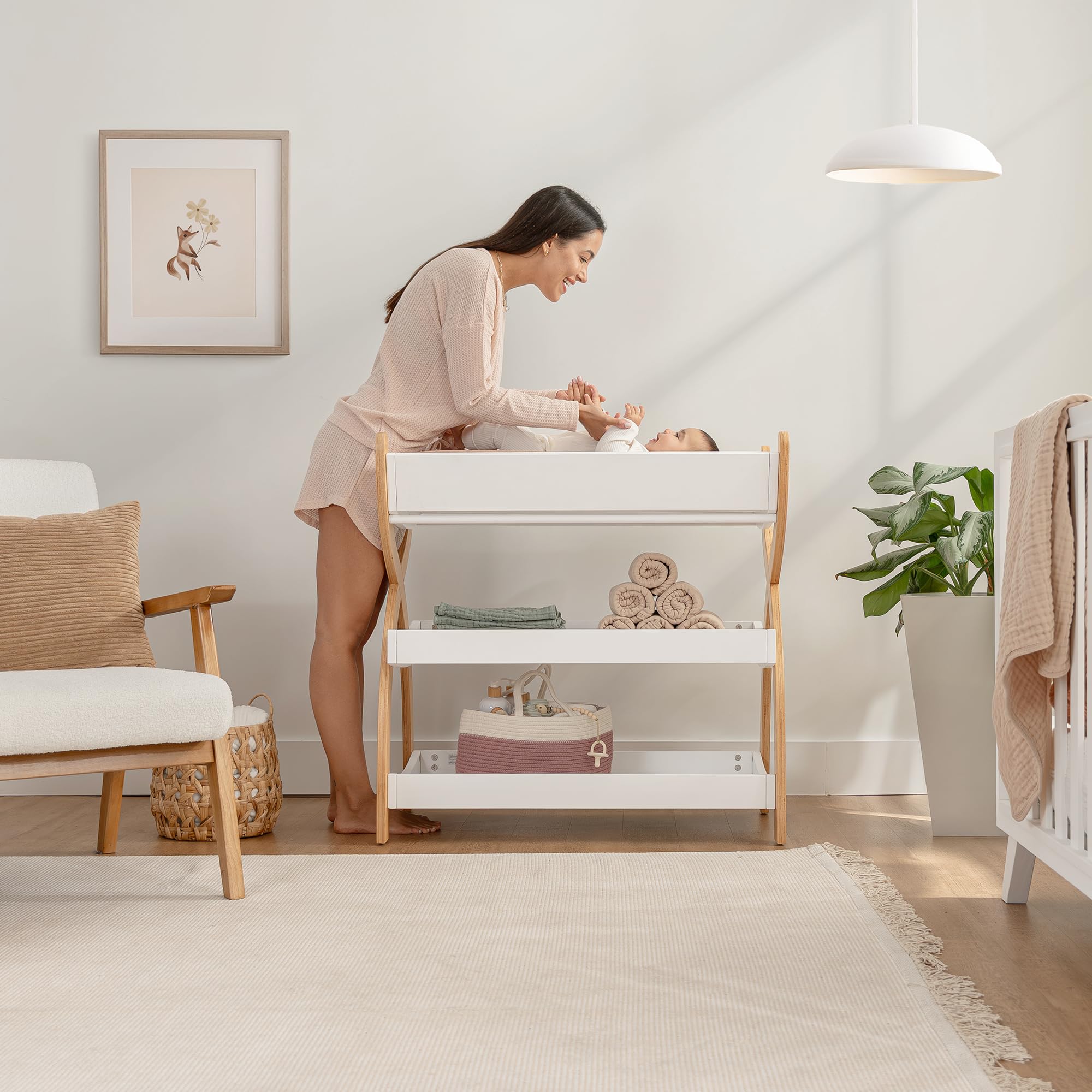 Comfy Cubs changing table wood construction uses pine and rubber wood for lasting durability.