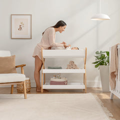 Comfy Cubs changing table wood construction uses pine and rubber wood for lasting durability.