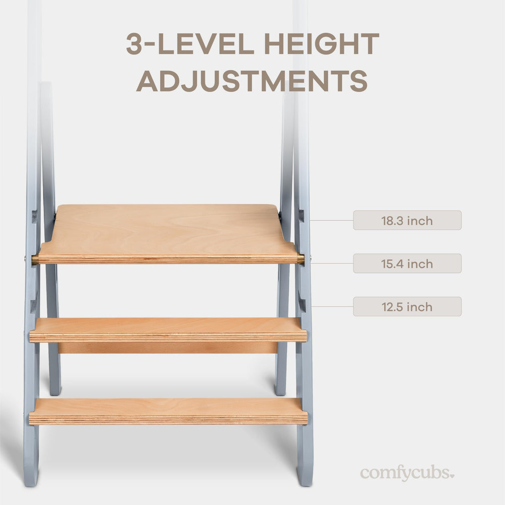 Comfy Cubs compact, foldable stool fits behind counters for quick access.