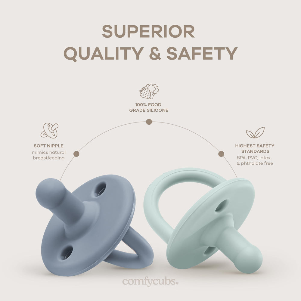 Comfy Cubs CPSIA-compliant silicone pacifier emphasizes safe materials and durability.
