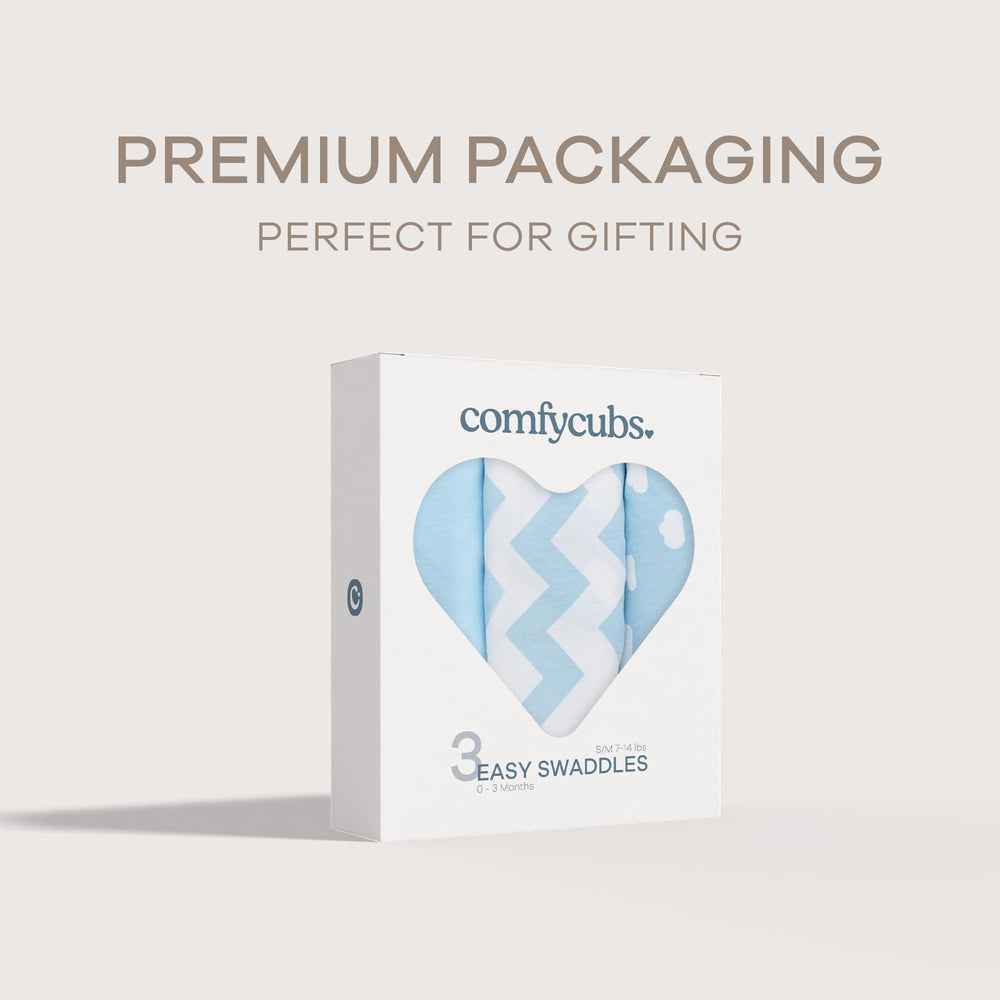 Comfy Cubs Easy Swaddle 3-pack packaging highlights convenient, on-the-go baby care.