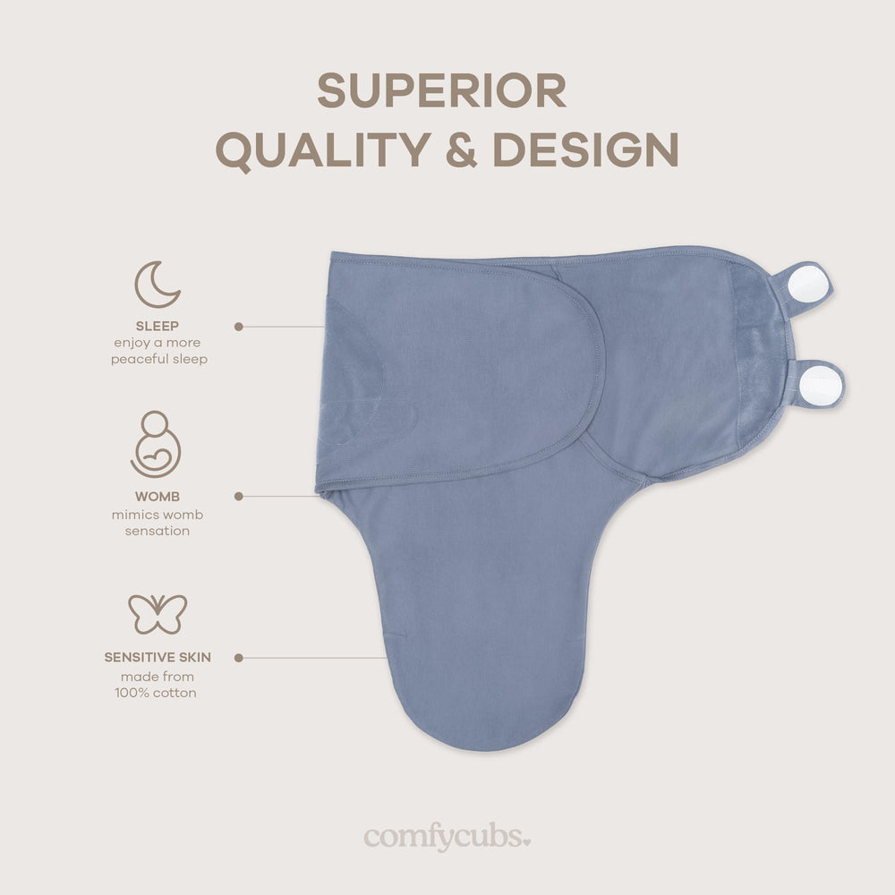 Comfy Cubs Easy Swaddle Azul pack features adjustable Velcro for snug, secure sleep