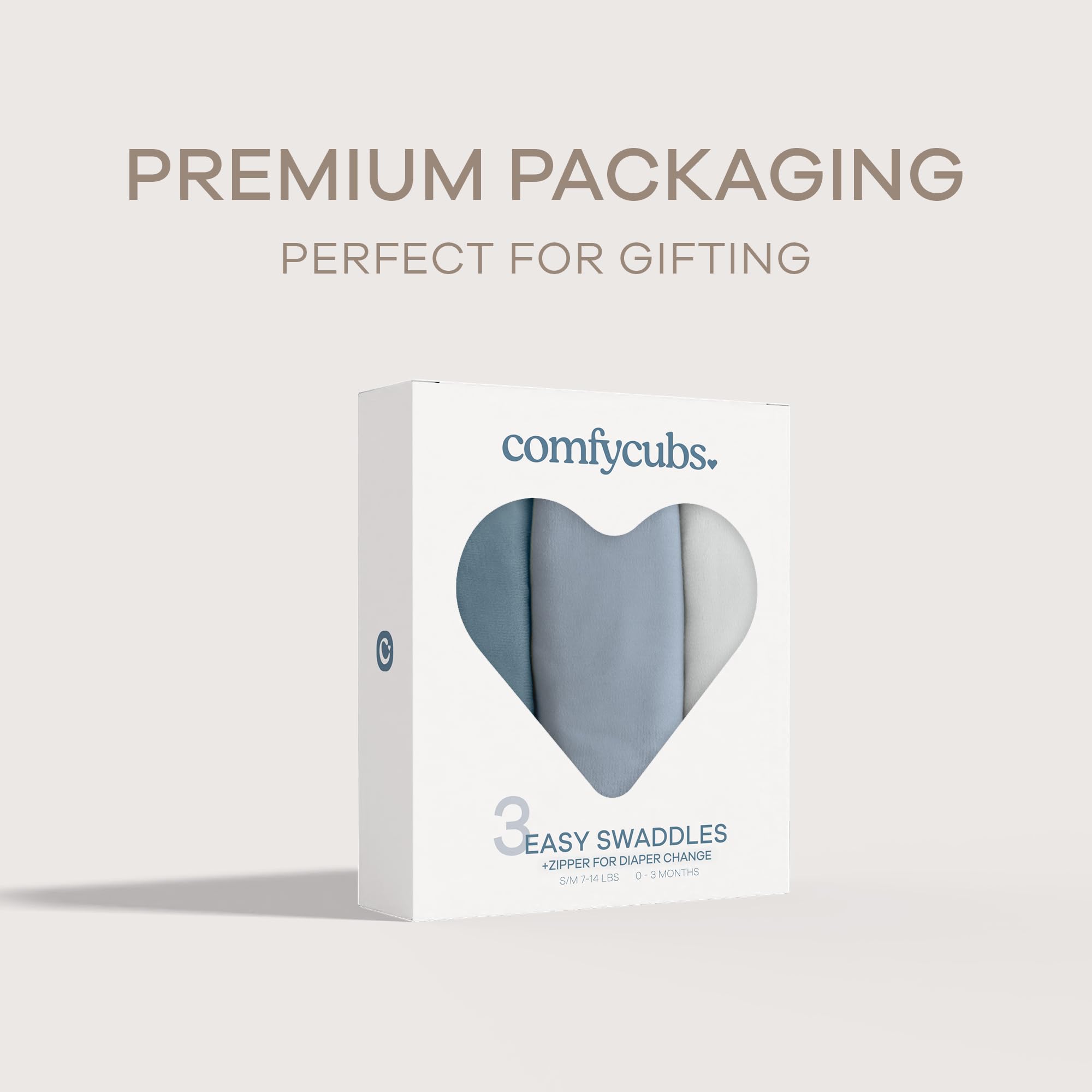Comfy Cubs Easy Swaddle baby wearing image illustrates breathable fabrics helping regulate little one's temperature.