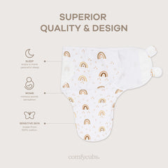 Comfy Cubs Easy Swaddle Blanket 3-pack baby wearing swaddle demonstrates secure, snug wrap for peaceful rest.