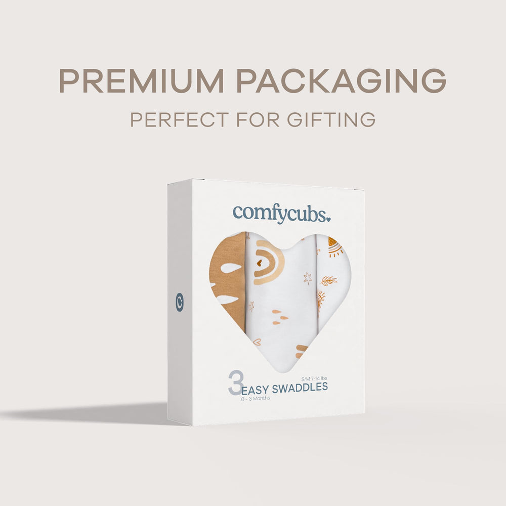 Comfy Cubs Easy Swaddle Blanket 3-pack in stroller/diaper bag, durable and machine-washable.