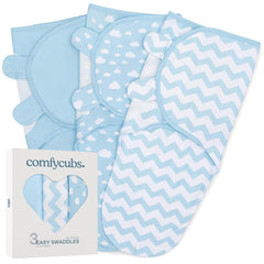 Comfy Cubs Easy Swaddle Blanket blue folded demonstrates secure fit for newborn soothing.