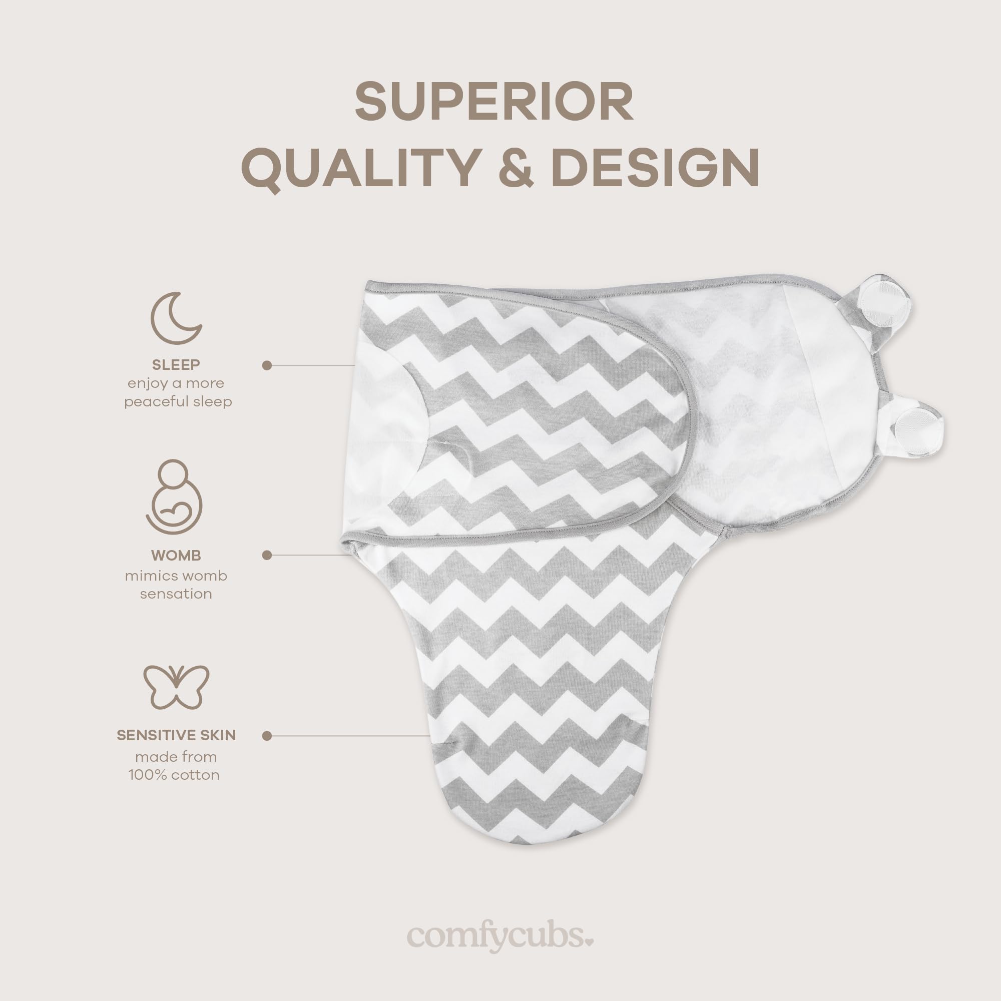 Comfy Cubs Easy Swaddle Blanket Velcro tabs close-up demonstrating secure adjustable fit.