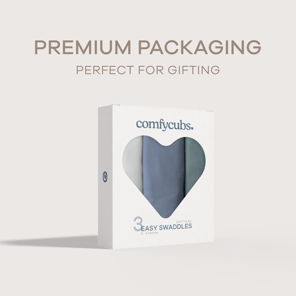 Comfy Cubs Easy Swaddle Gift Box displays three pack ideal for baby showers and registry