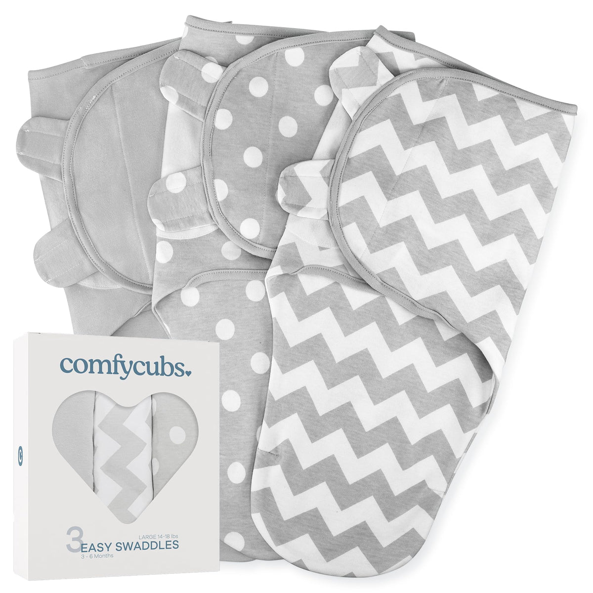 Comfy Cubs Easy Swaddle Grey gift box presentation for newborn wrap