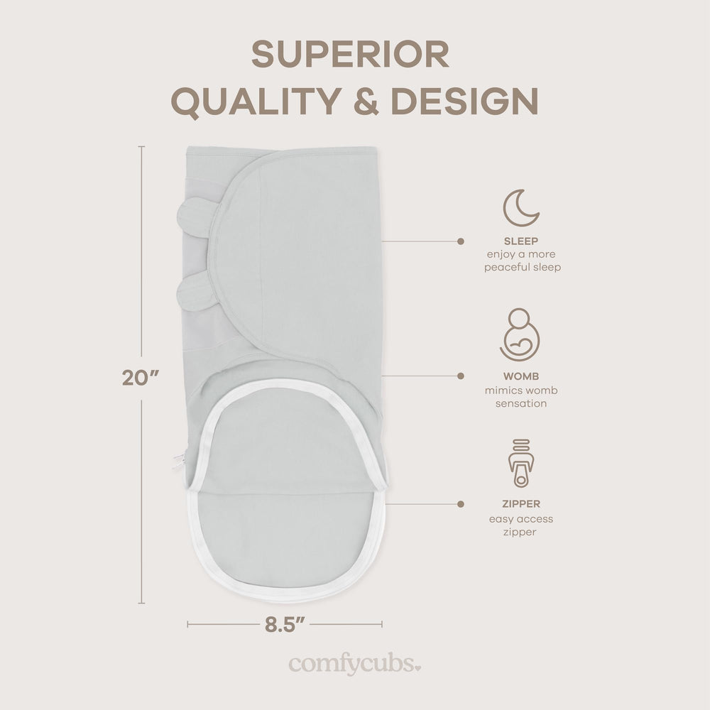 Comfy Cubs Easy Swaddle Nomadic Blue pack demonstrates durable, machine-washable sleep blankets for busy parents.