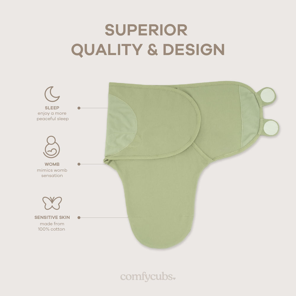 Comfy Cubs Easy Swaddle Sage closeup highlights breathable cotton for year-round comfort