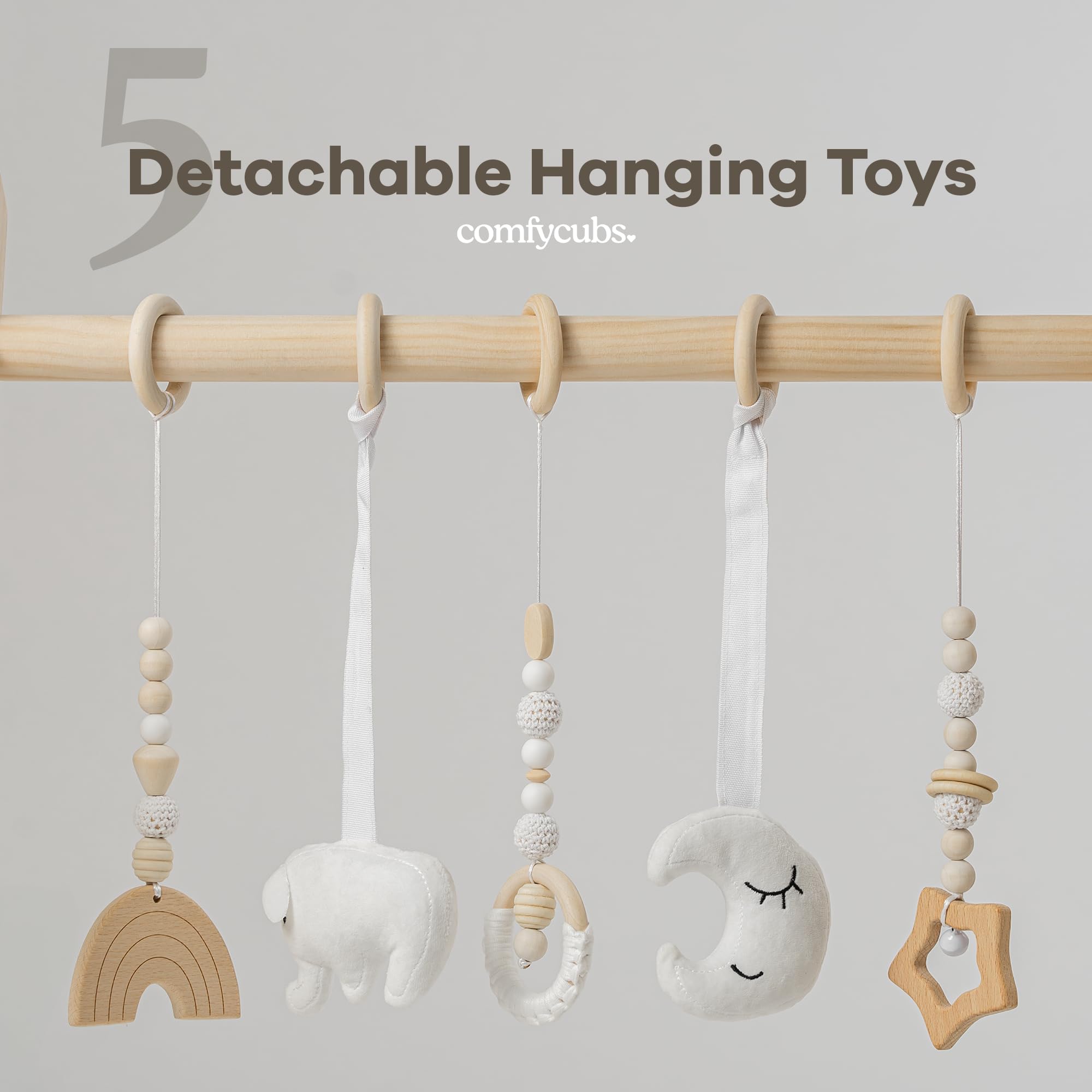 Comfy Cubs five sensory toys engage baby's sight, touch, and curiosity.