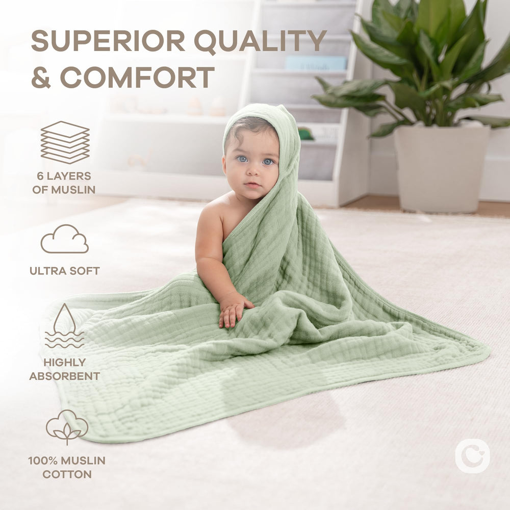 Comfy Cubs hooded towel 32x32 size demonstrating generous coverage for growing babies.