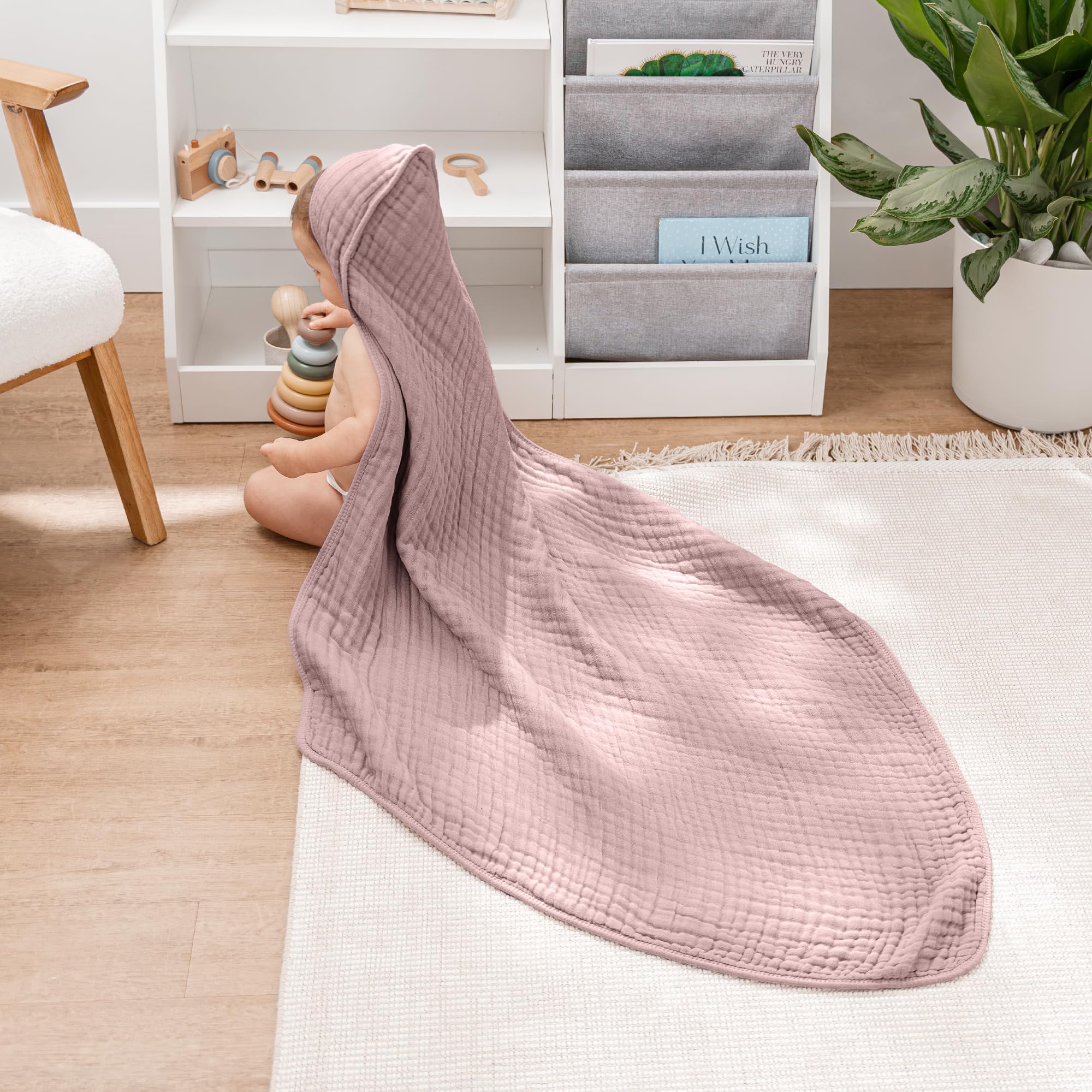 Comfy Cubs hooded towel 32x32 size offers ample coverage for growing babies and kids.