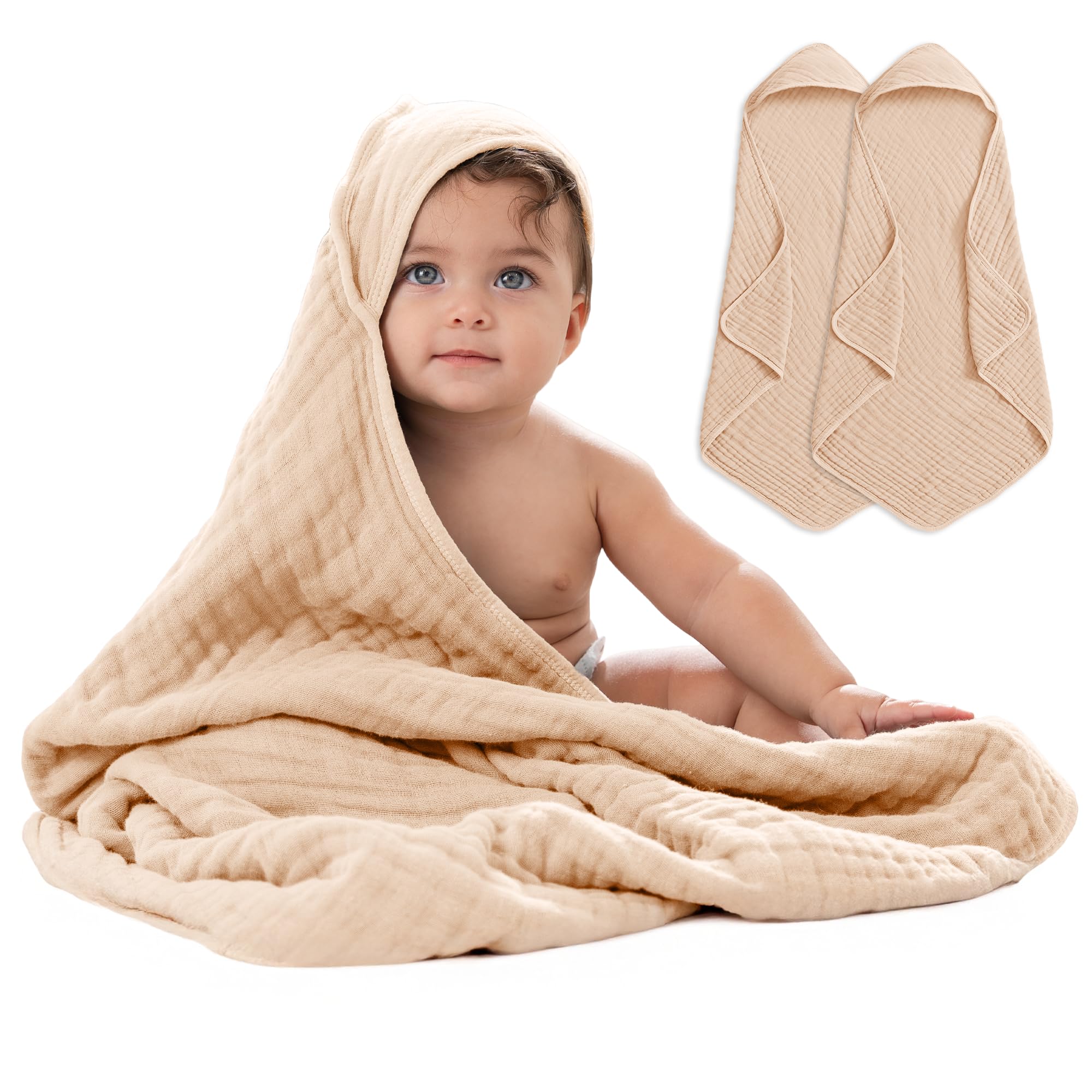 Comfy Cubs hooded towel 6-layer close-up shows durable, ultra-soft muslin for gentle post-bath warmth.