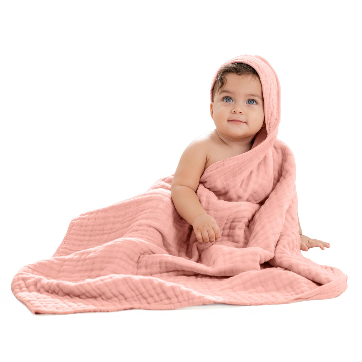 Comfy Cubs hooded towel close-up of 6-layer muslin, durable and soft for bath time.
