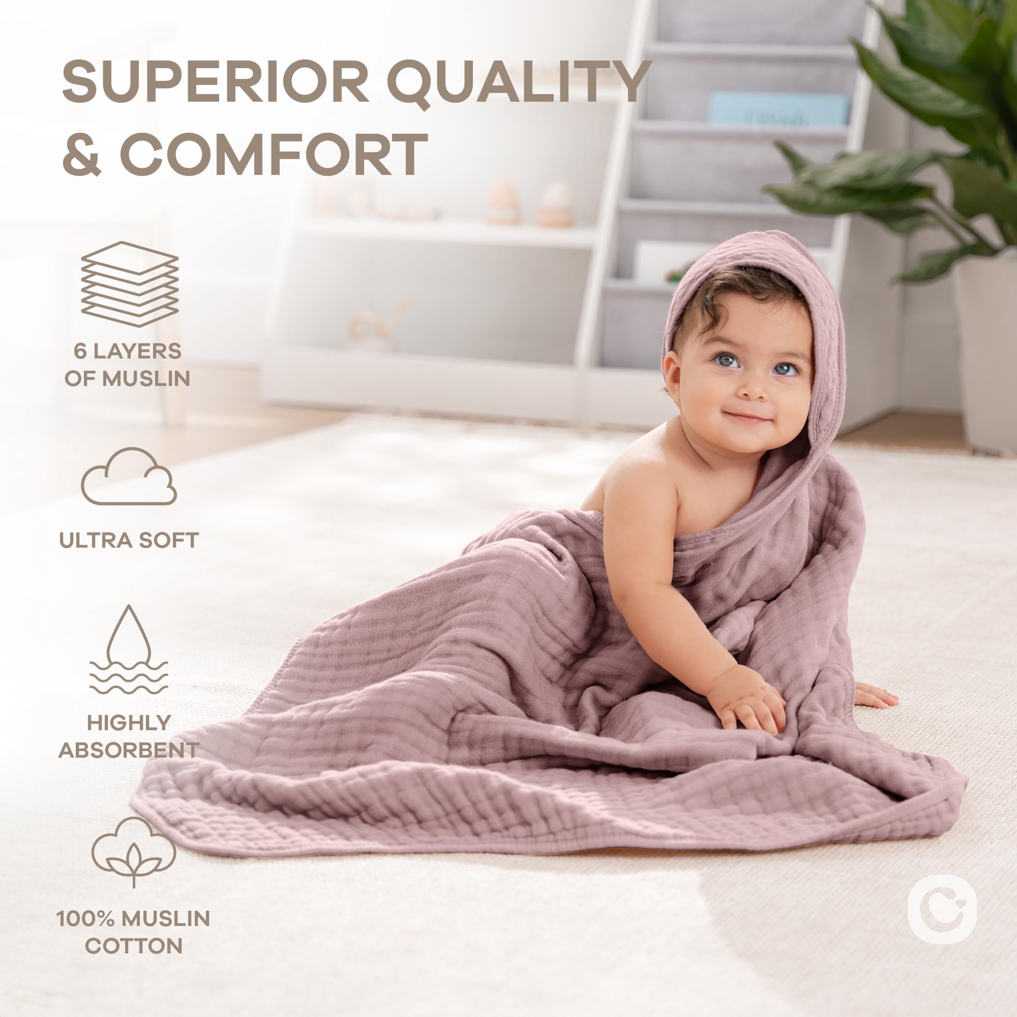 Comfy Cubs hooded towel highly absorbent for quick, cozy drying.