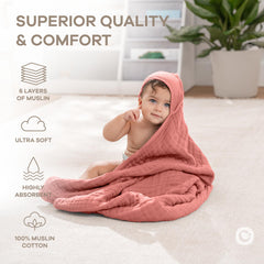 Comfy Cubs hooded towel—soft, absorbent muslin cotton for quick drying.