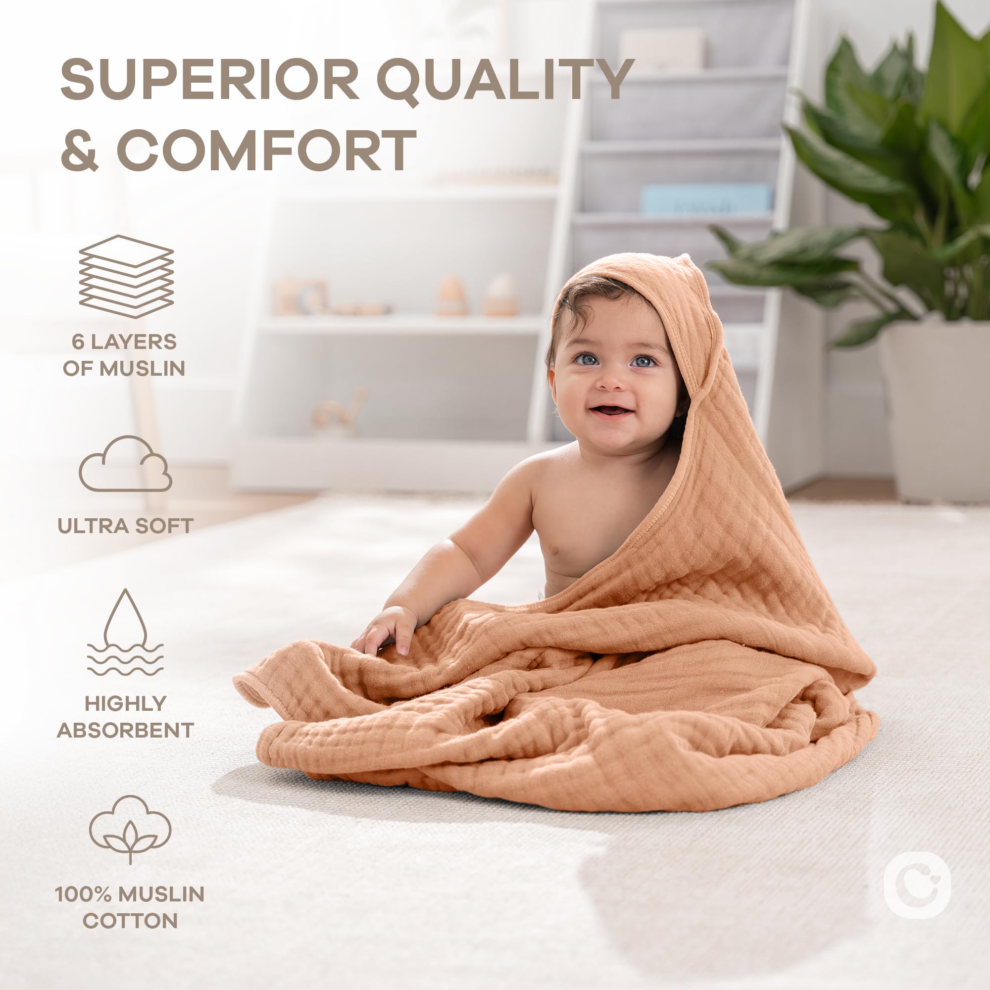 Comfy Cubs hooded towel caramel after-bath wrap keeps baby cozy