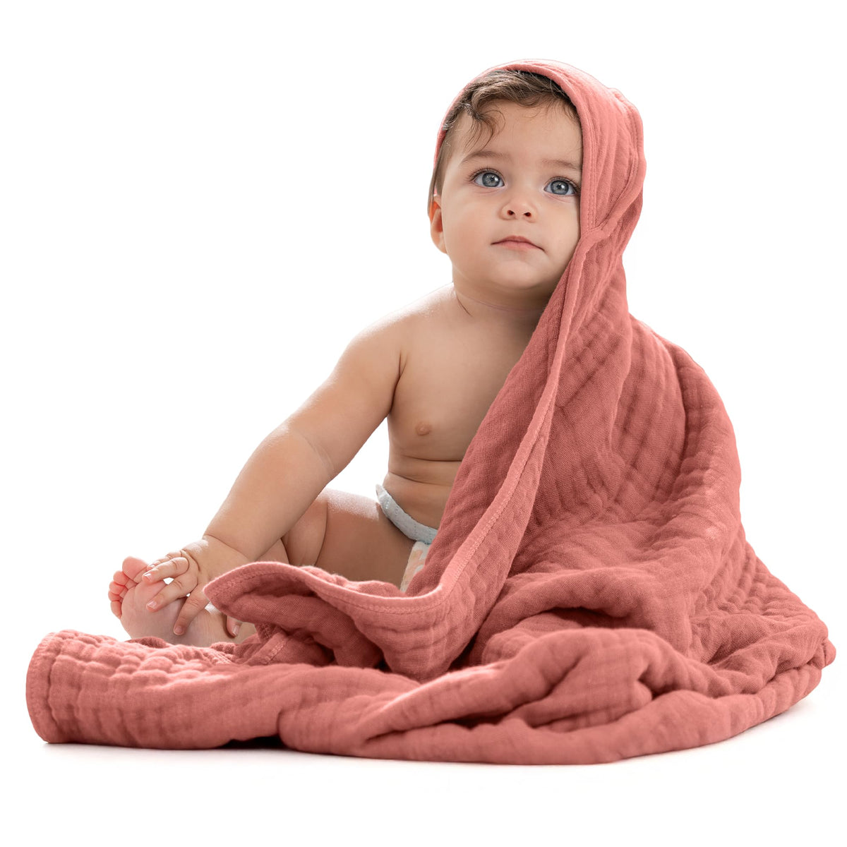 Comfy Cubs hooded towel in dusty rose, plush 6-layer muslin for gentle drying.