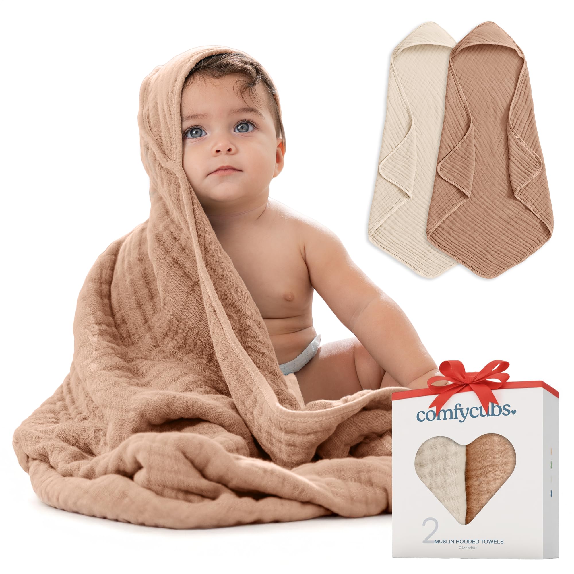 Comfy Cubs hooded towel front view shows plush 6-layer muslin for gentle post-bath warmth
