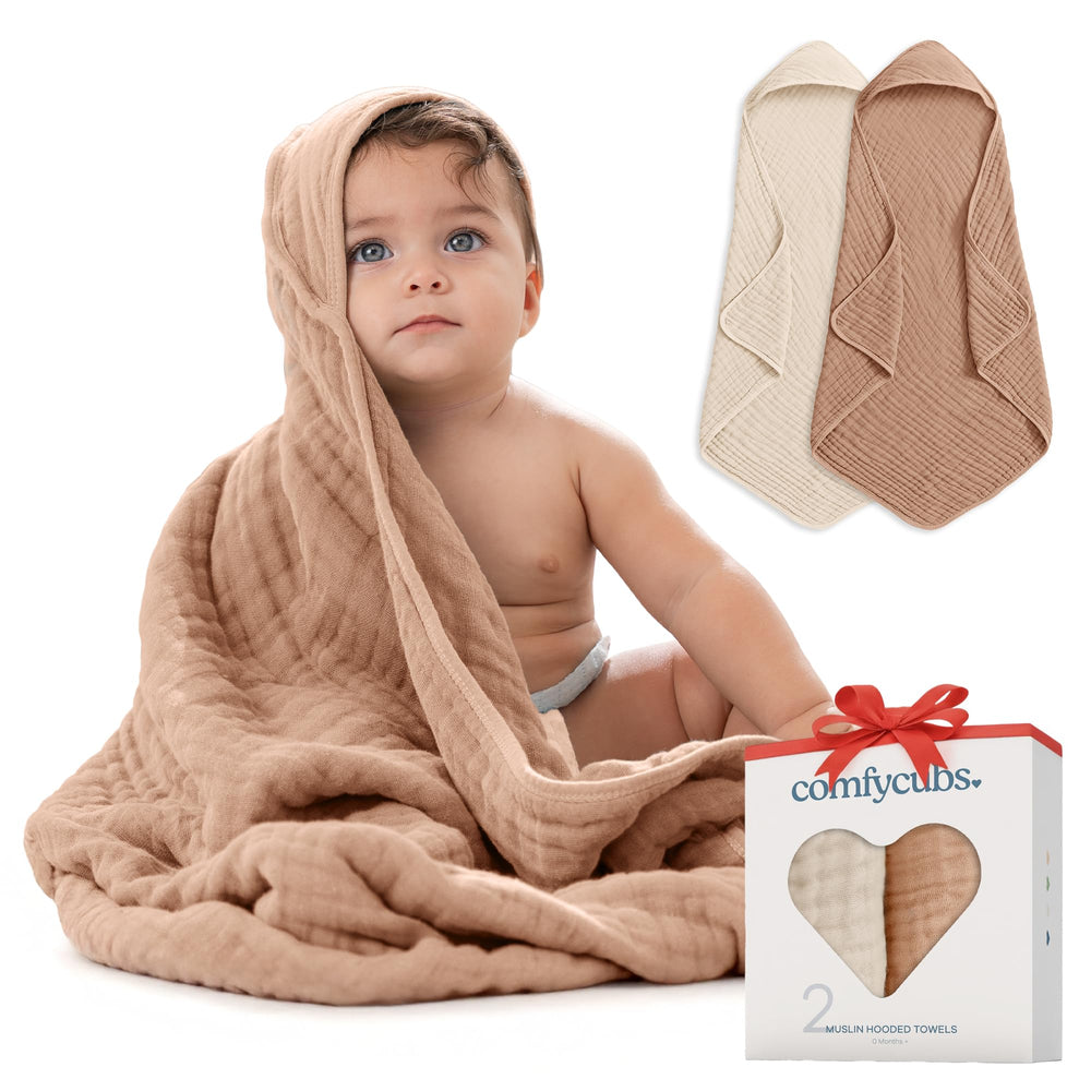 Comfy Cubs hooded towel front view shows plush 6-layer muslin for gentle post-bath warmth