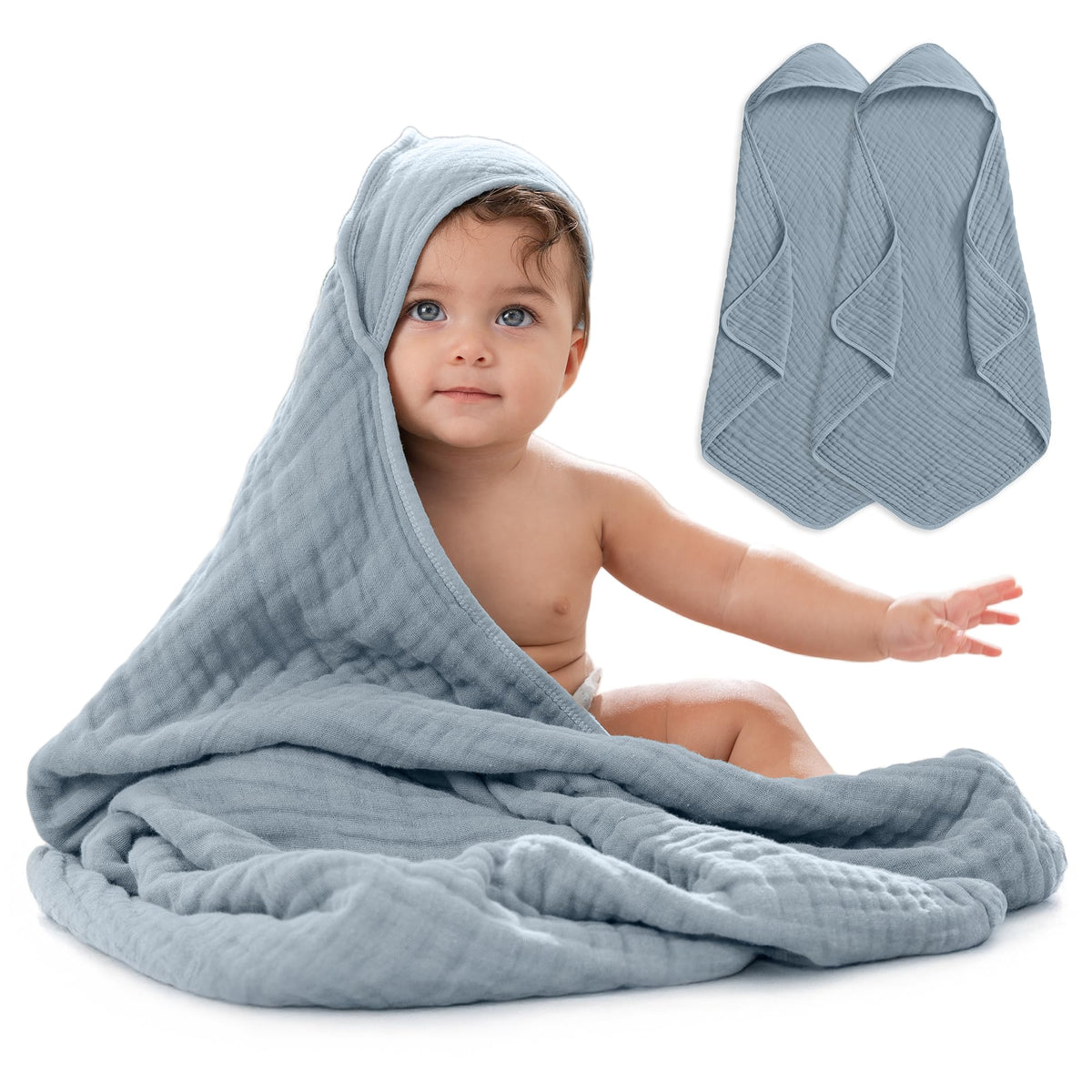 Comfy Cubs hooded towel Pacific Blue—plush muslin dries gently after bath.