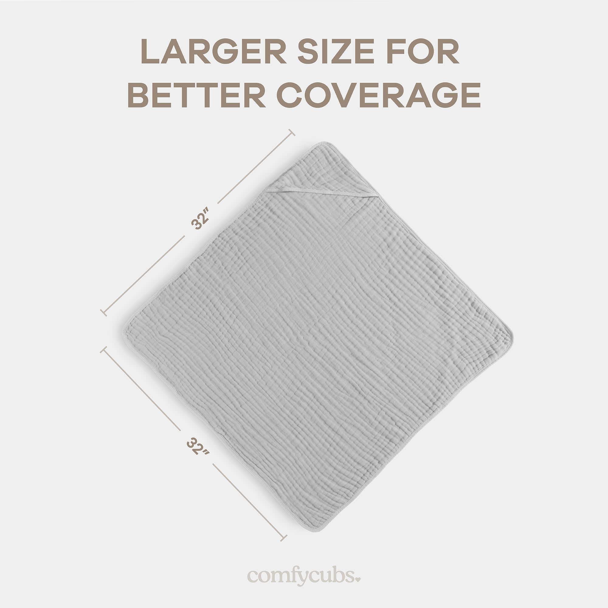 Comfy Cubs hooded towel large 32x32 inches provides generous newborn to toddler coverage.