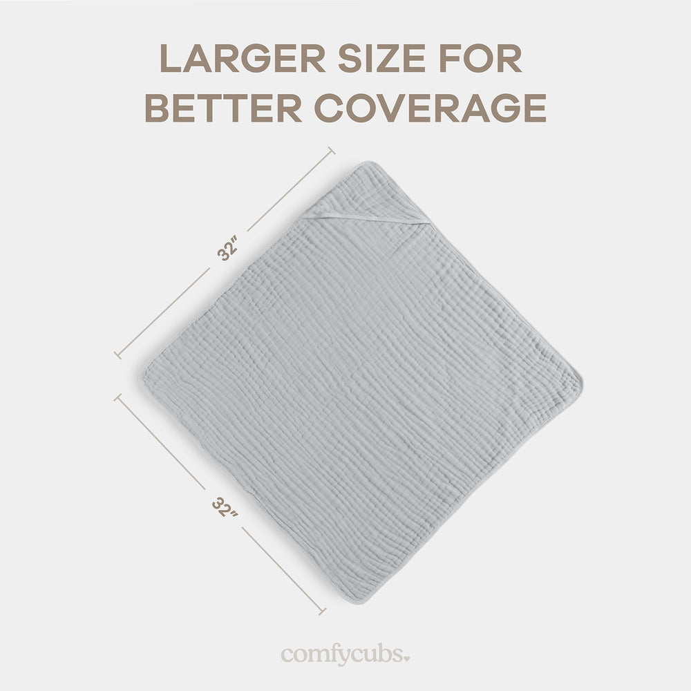 Comfy Cubs hooded towel large 32x32 inches provides generous newborn to toddler coverage.