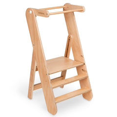 Comfy Cubs toddler tower folds flat for compact storage behind doors or under counters.