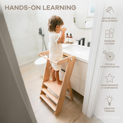 Comfy Cubs kid stool enables safe kitchen sink access for brushing teeth and handwashing.