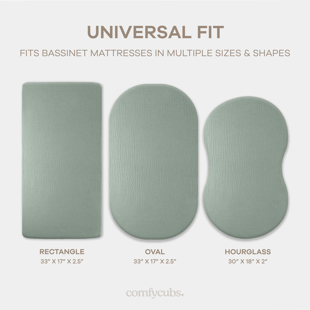 Comfy Cubs Muslin Bassinet Sheet fit-mattress demonstrates universal compatibility across bassinet shapes
