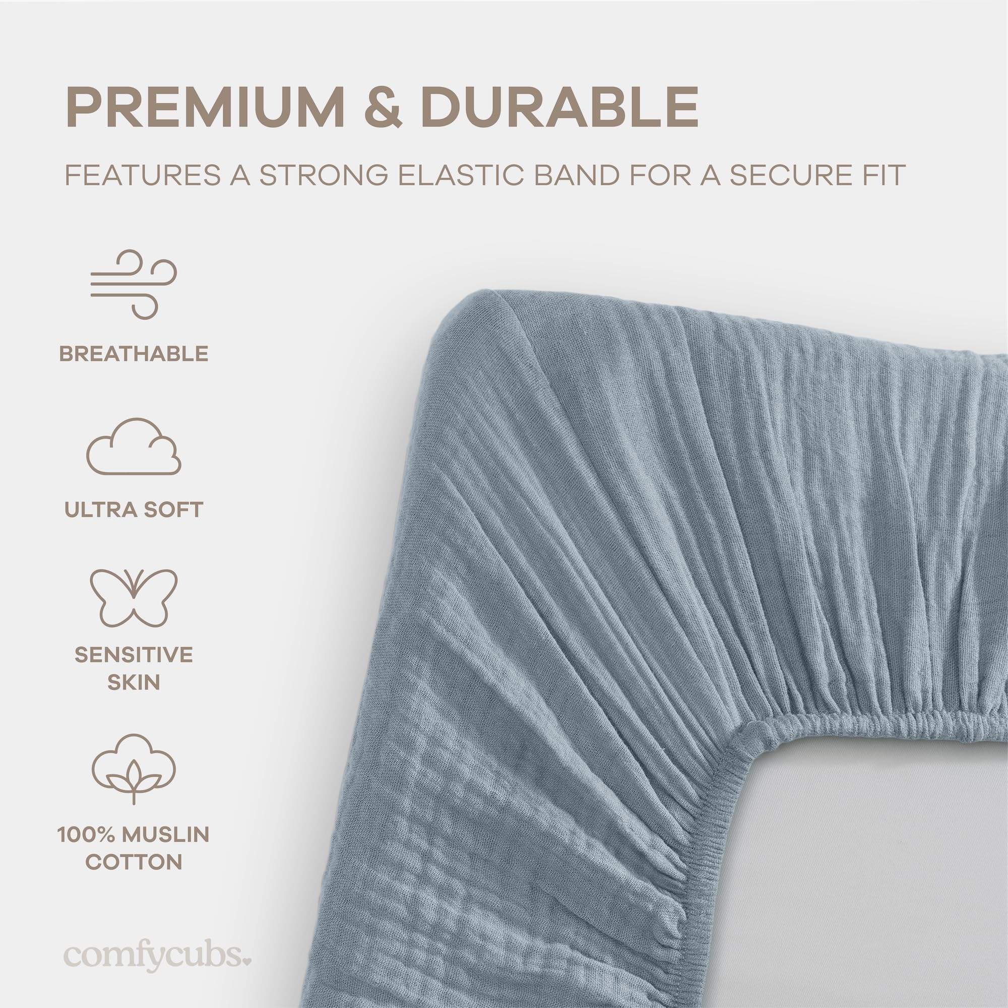 Comfy Cubs muslin sheet demonstrates universal fit for various bassinet sizes.
