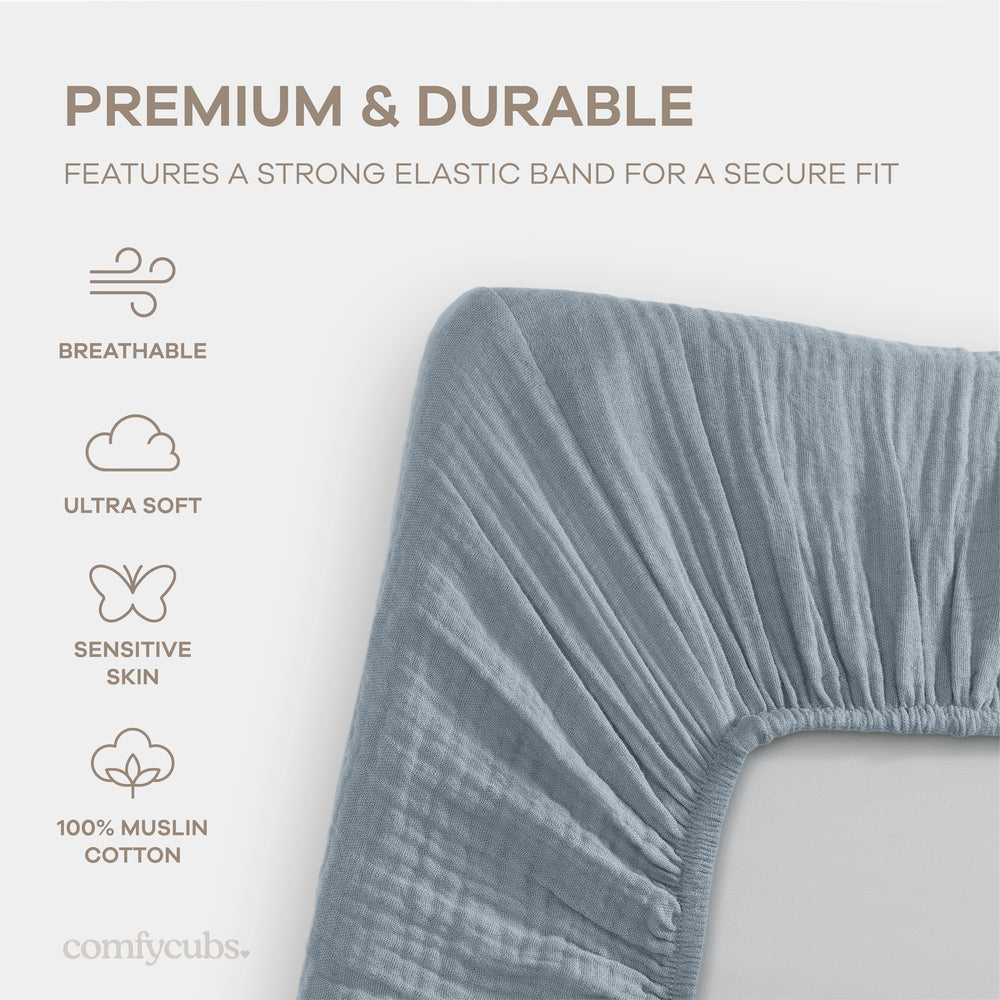 Comfy Cubs muslin sheet demonstrates universal fit for various bassinet sizes.