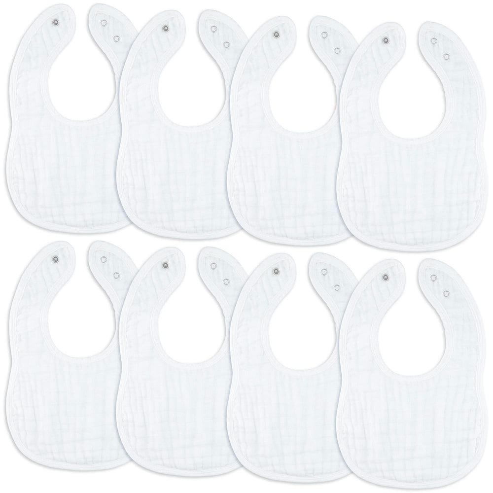Comfy Cubs muslin bibs pack eight soft absorbent bibs for feeding and drool control.