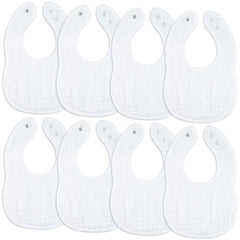 Comfy Cubs muslin bibs pack eight soft absorbent bibs for feeding and drool control.