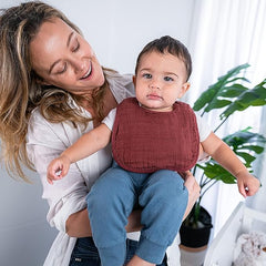 Comfy Cubs muslin bibs in wine highlight absorbent drool protection
