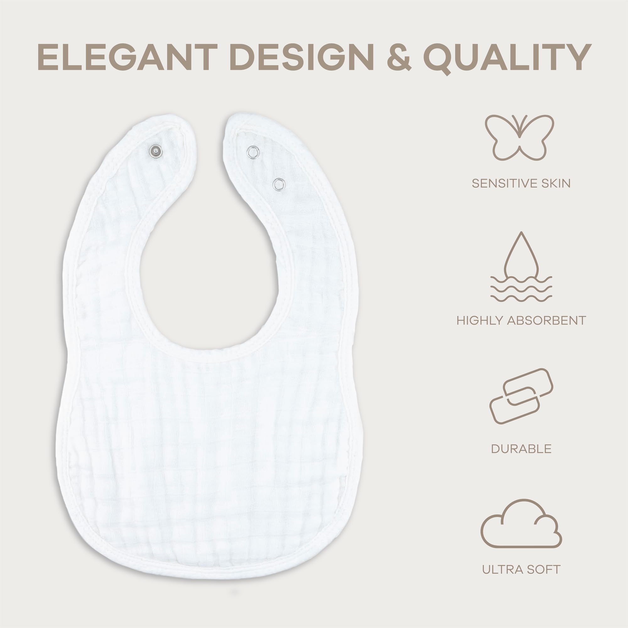 Comfy Cubs muslin bib flatlay highlights absorbent layers for spill and drool protection.