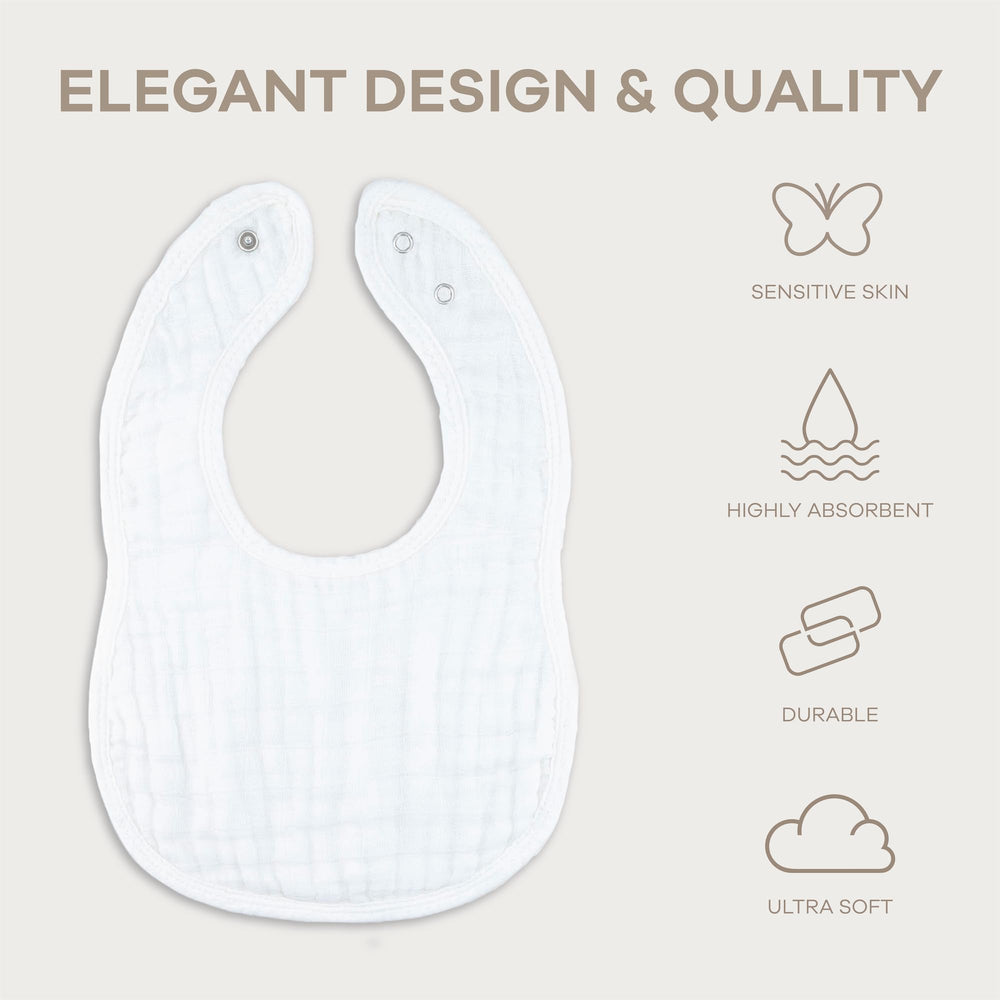 Comfy Cubs muslin bib flatlay highlights absorbent layers for spill and drool protection.