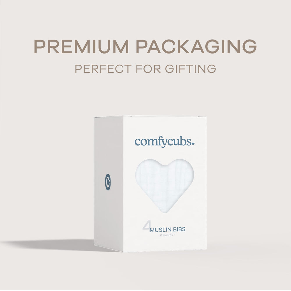Comfy Cubs muslin bib gift box ideal for baby showers and gifts.