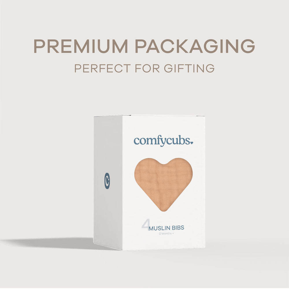 Comfy Cubs muslin bibs pack4 caramel view demonstrates adjustable snaps for growing babies