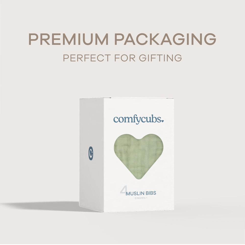 Comfy Cubs bibs sage gift-set packaging—ready for baby showers and new-parent celebrations.