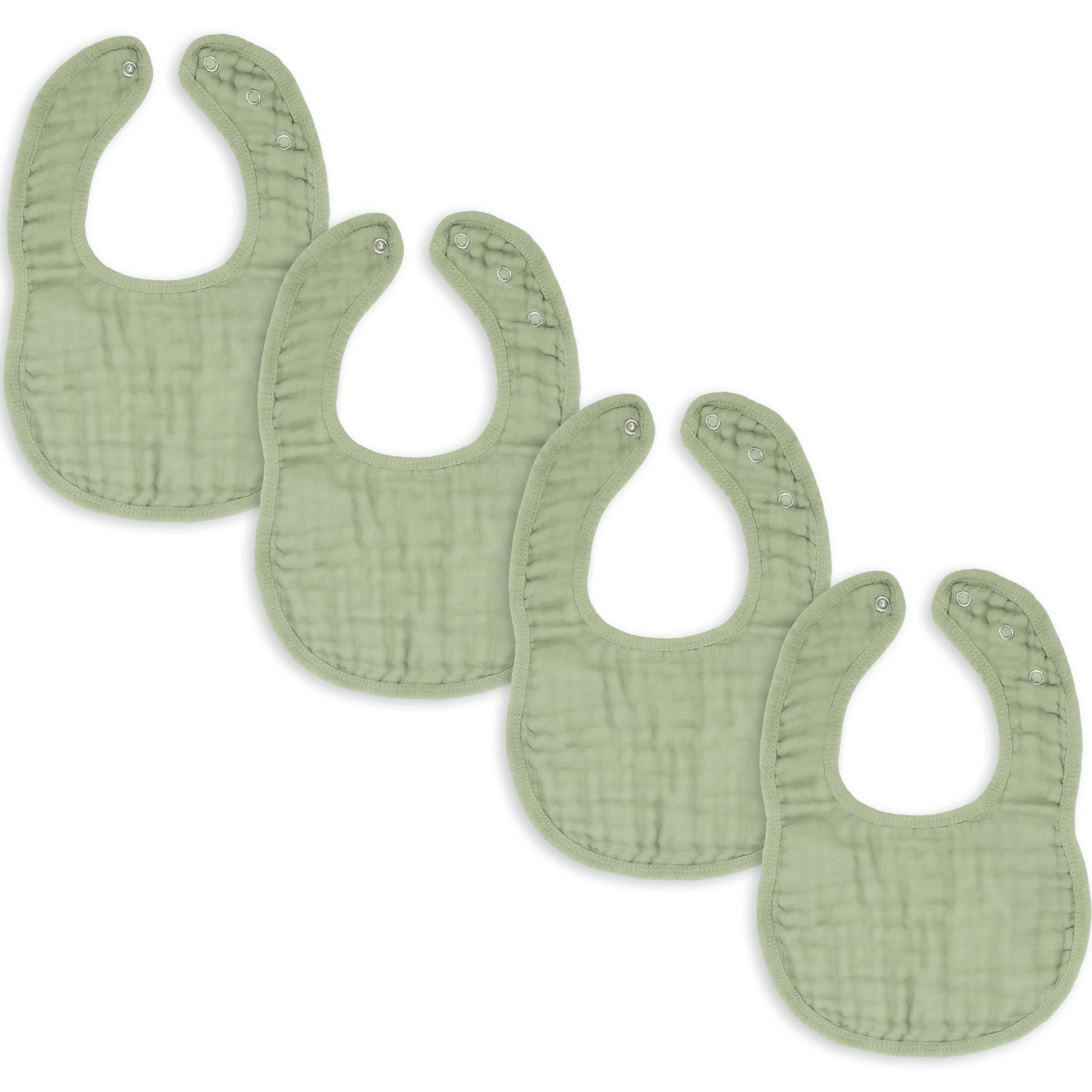 Comfy Cubs muslin bibs in sage closeup show ultra-soft fabric for feeding and drool control.