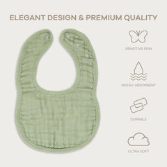 Comfy Cubs bibs sage snaps close-up—secure fit as baby grows for mess-safe feeding.