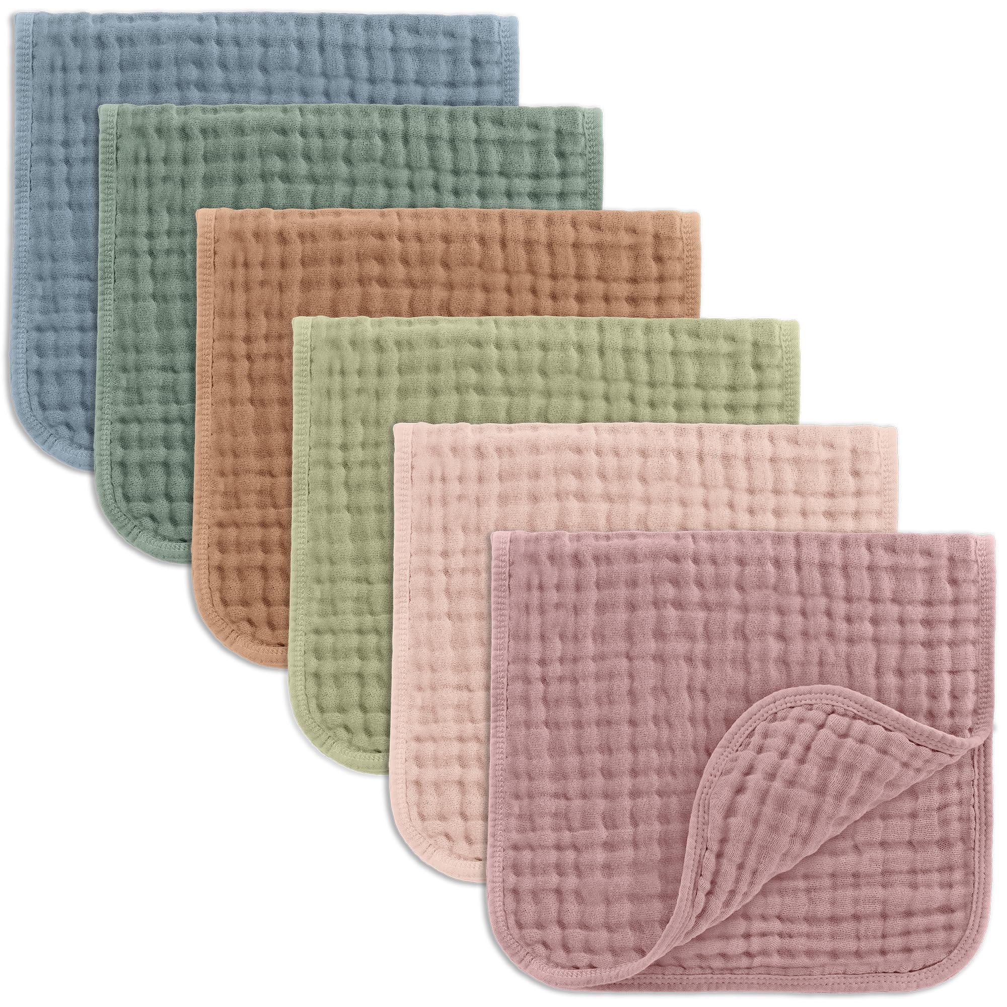 Comfy Cubs muslin burp cloths folded, soft and breathable for baby.