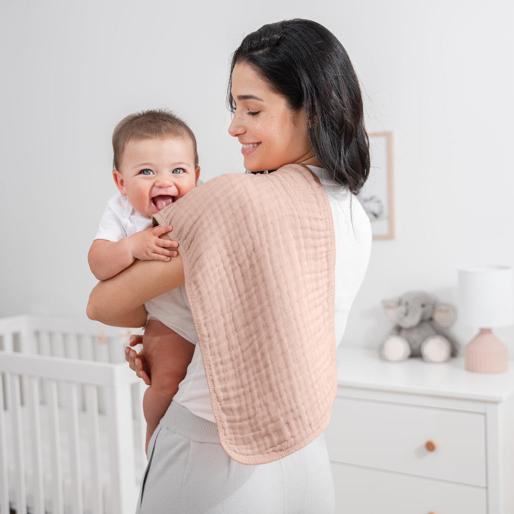 Comfy Cubs Muslin Burp Cloths six-layer absorbent design handles spills.